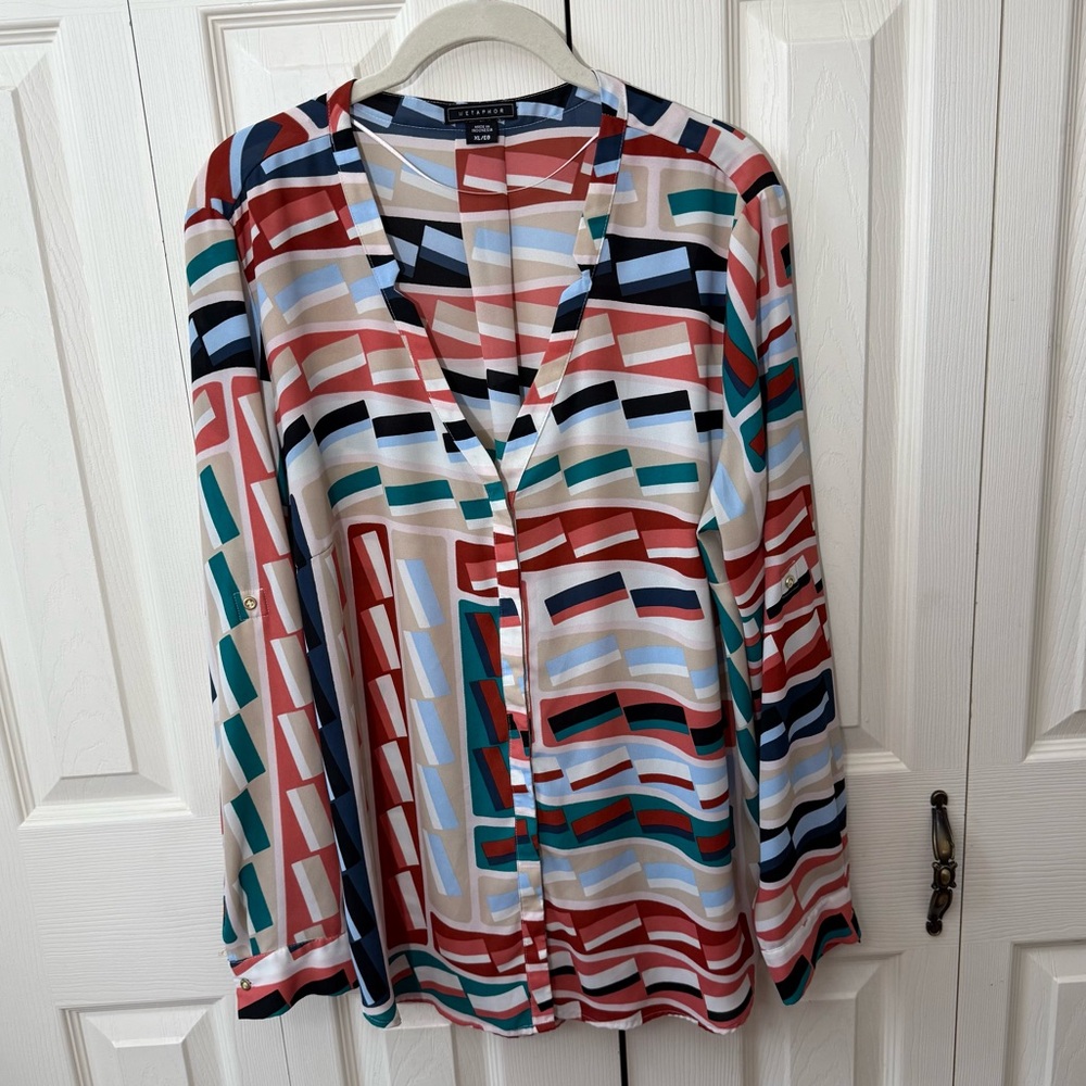 Metaphor V-Neck Button Down Abstract-Print Sheer Blouse Roll-Tab Sleeves Size XL